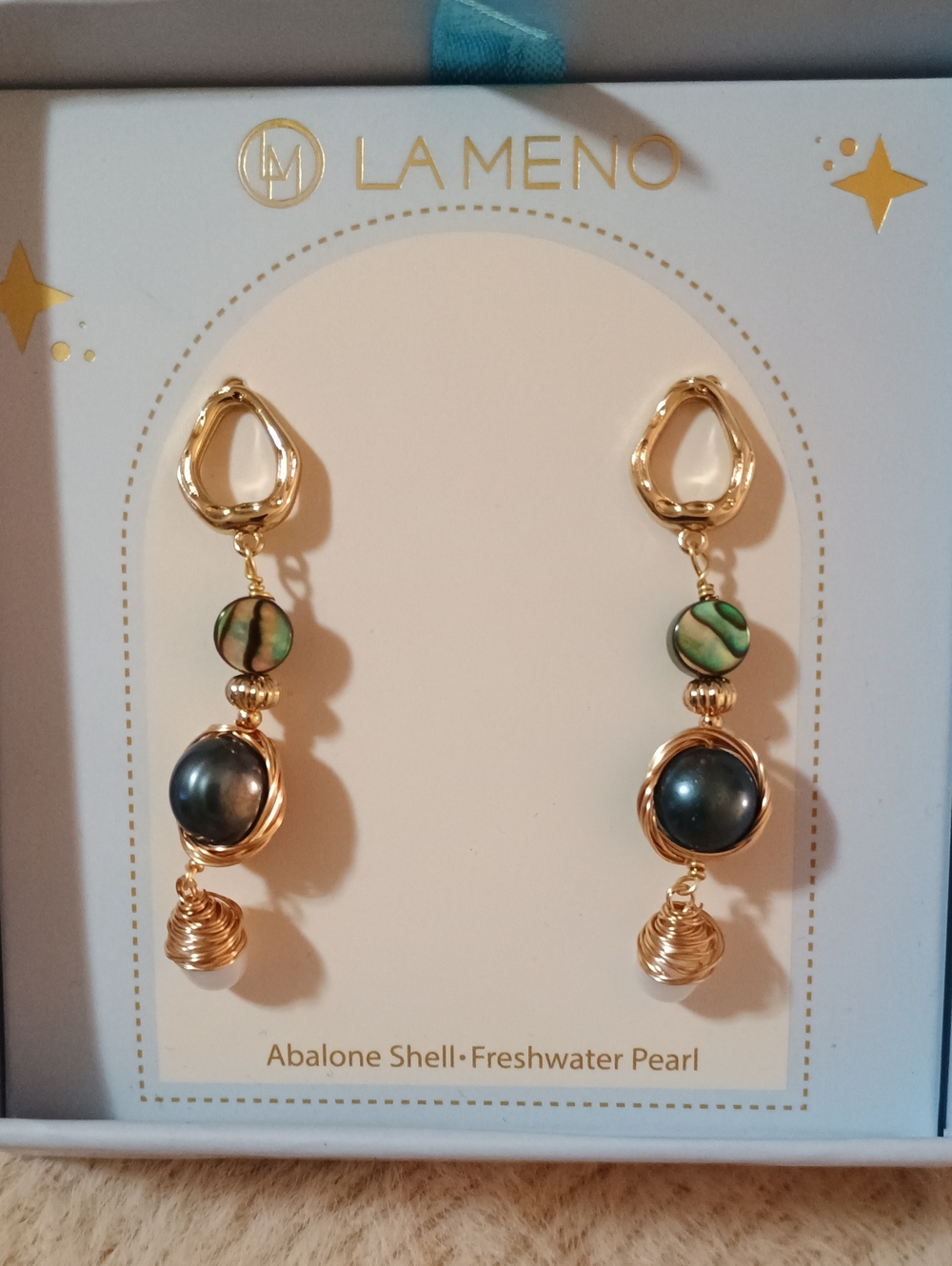 NIB La Meno Abalone Shell Freshwater Pearl Gold Drop Earrings